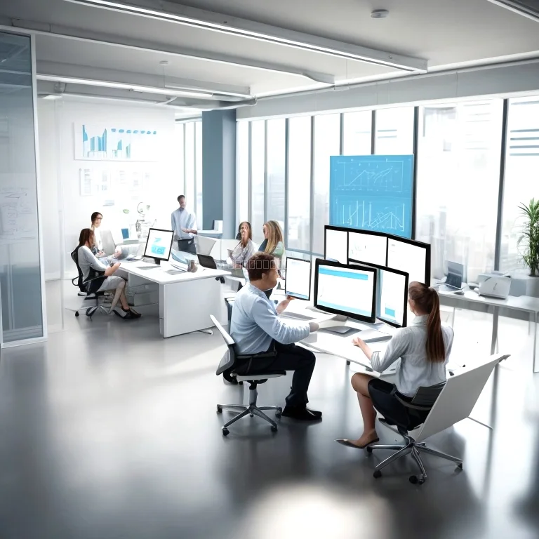 Equipo empresarial utilizando software de gestión de Maventa