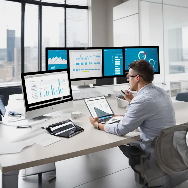 Pantallas con software empresarial mostrando gráficos y gestión